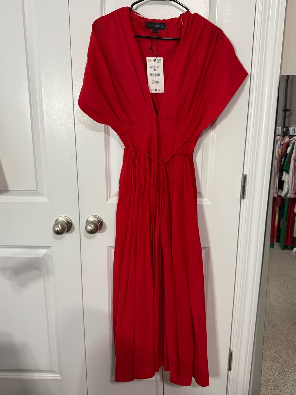 Zara Red V-Neck Waist-Tie Maxi Dress